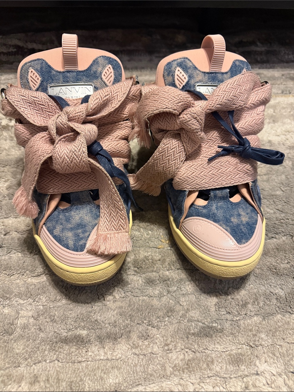 Lanvin Men’s Pink and Blue High-Top Sneakers with Cream Sole